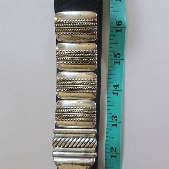 Chico's Womens Black leather Belt Silver Square Pieces Hook loop Closure Sz.42 - Picture 15 of 16